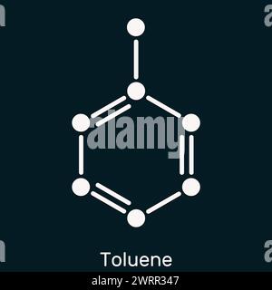 Toluene, toluol C7H8  molecule. Methylbenzene, aromatic hydrocarbon. Skeletal chemical formula on the dark blue background. Illustration Stock Photo