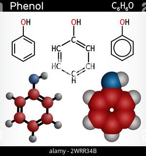 Phenol, carbolic acid molecule. Structural chemical formula, molecule model. Vector illustration Stock Vector