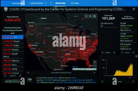 Screenshot of the prevalence of Covid-19 in North America as published online by the Johns Hopkins University as updated on30 July  2020 showing almos Stock Photo