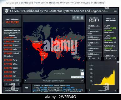 Screenshot of the prevalence of Covid-19 across the world as published online by the Johns Hopkins University as updated on 29 June  2020 showing new Stock Photo