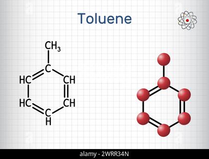 Toluene, toluol C7H8  molecule. Methylbenzene, aromatic hydrocarbon. Structural chemical formula and molecule model. Sheet of paper in a cage. Vector Stock Vector