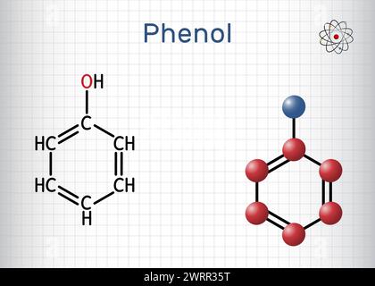 Phenol, carbolic acid molecule. Structural chemical formula, molecule model. Sheet of paper in a cage. Vector illustration Stock Vector