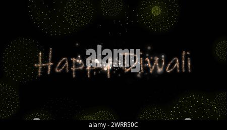 Image of happy diwali text over shapes and fireworks on black backrgound Stock Photo