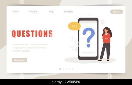 Questions concept. Landing page template. Woman standing nearby large question mark. Online support service. FAQ and guides. Vector illustration in Stock Vector