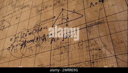 Math equations and figures animate on a screen with square patterns for back to school 4k. Stock Photo