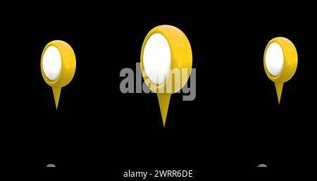 4K digital image of yellow map pins on a black background. Stock Photo