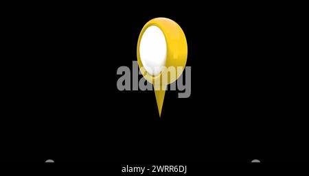 Yellow map pin icon zooms and hovers on black background in 4k. Stock Photo