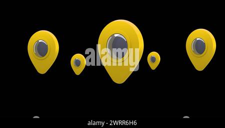 Digital image of yellow map pins moving in the screen against a black background 4k Stock Photo