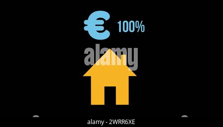 Image of house shape, euro symbol and percent increasing from zero to one hundred filling in yellow Stock Photo