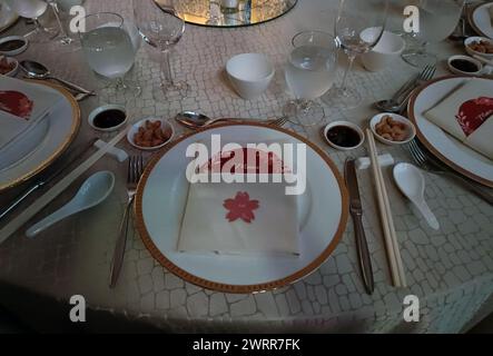 The dining table setup at a wedding celebration in Jakarta on January 4, 2025. Stock Photo