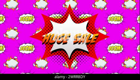 Image of orange Huge Sale text on speech bubble over the Boom! text written over cartoon retro speech bubbles on pink background. Vintage comic concep Stock Photo
