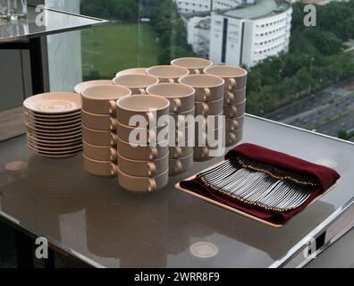 stack of bowls on the table Stock Photo