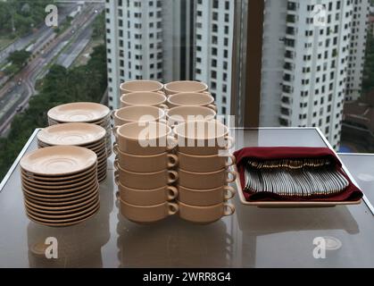 stack of bowls on the table Stock Photo