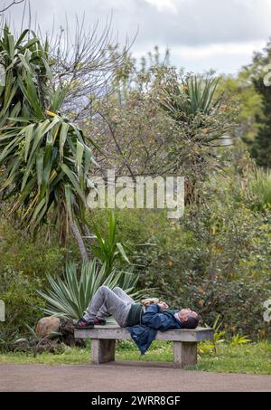 Funchal, Madeira, Portugal - April 23, 2018: Tourist tired from a day of sightseeing rests in Tropical Botanical Garden in Funchal on Madeira island, Stock Photo