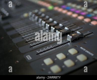Professional audio mixing console with faders and adjusting knobs Stock Photo