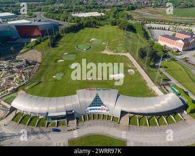 Aerial view American Golf driving range in Trafford City close to the Trafford Centre in Manchester, UK Stock Photo
