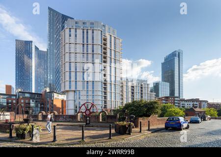 View of Castle Wharf apartment buildings in Manchester city centre, UK with Deansgate Square and Crown Street towers in the distance Stock Photo