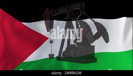Image of oil rig over flag of palestine Stock Photo