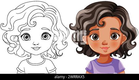 Two styles of a girl's portrait, colorful and outlined Stock Vector