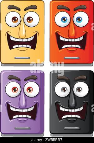 Four cartoon smartphones with expressive faces Stock Vector
