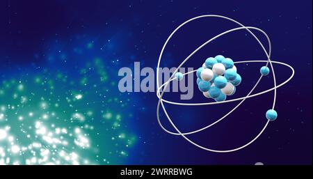 Image of atom model spinning over glowing light spots on blue background Stock Photo