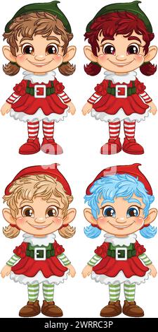 Four cheerful elves in various festive outfits. Stock Vector