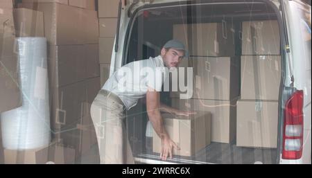 Image of statistics and financial data processing over delivery man and van Stock Photo