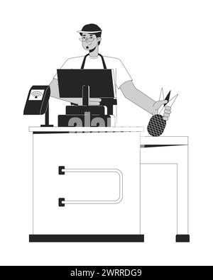 Arab male cashier supermarket checkout black and white 2D line cartoon character Stock Vector