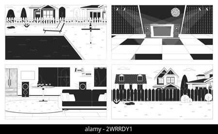 Party celebration locations black and white line illustration set Stock Vector