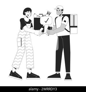 Woman paying through NFC for courier groceries black and white 2D line cartoon characters Stock Vector