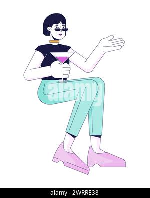 Asian woman with cocktail glass 2D linear cartoon character Stock Vector
