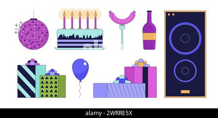 Birthday party celebration 2D linear cartoon objects set Stock Vector
