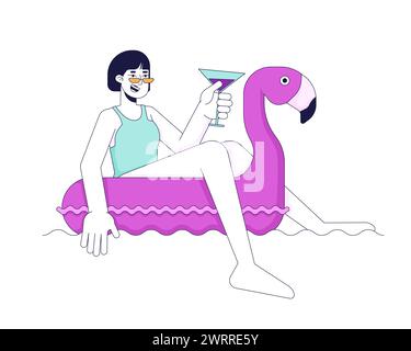Happy woman on inflatable flamingo 2D linear cartoon character Stock Vector