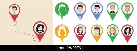 Location map pointer set with cute male and female cartoon character design, vector illustration Stock Vector