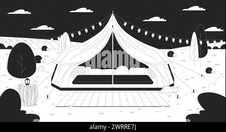 Glamping tent starry night sky black and white line illustration Stock Vector