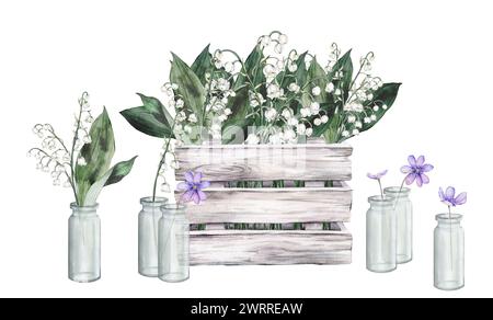 Watercolor set of illustration wooden white gray box with flower arrangement with white bouquets of lilies of the valley and lilac scilla. Hand drawn Stock Photo