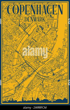Hand-drawn city road network and skyline poster of the downtown COPENHAGEN, DENMARK Stock Vector