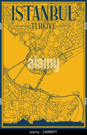 Hand-drawn city road network and skyline poster of the downtown ISTANBUL, TURKEY Stock Vector