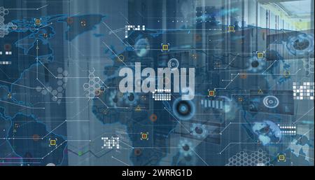 Image of world map and data processing on charts and graphs over computer server room Stock Photo