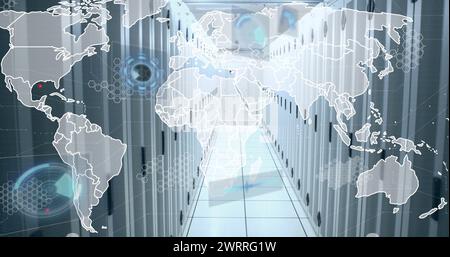 Image of world map and data processing on charts and graphs over computer server room Stock Photo