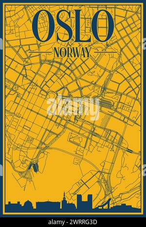 Hand-drawn city road network and skyline poster of the downtown OSLO, NORWAY Stock Vector