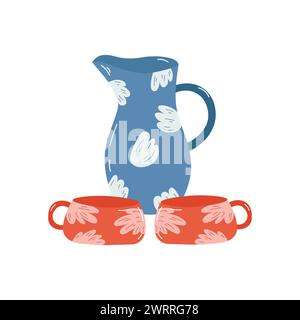 Vintage hand drawn Jug with mugs Isolated on a white background. Kitchen Utensils. Clipart Vector Illustration. Stock Vector