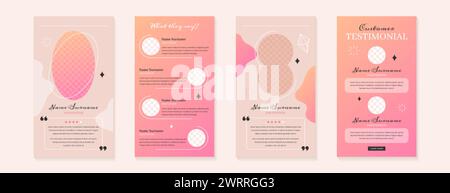Customer service review or feedback story template design. Vector set of pastel testimonial posts of product for social media. Web banners of client satisfaction with stars rating and short quotes. Stock Vector