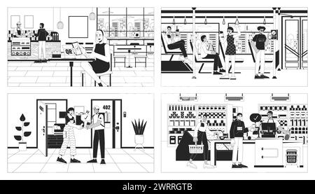 NFC technology everyday black and white line illustration set Stock Vector
