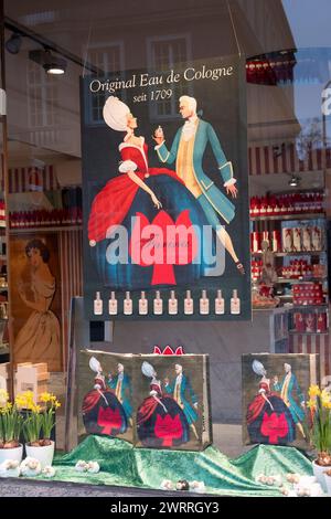 Farina shop window. On 13 July 1709, Giovanni Maria Farina founded what is now the oldest perfume factory in the world. Stock Photo