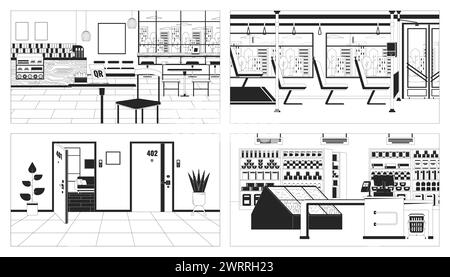 Public space interior black and white line illustration set Stock Vector