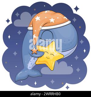 Cute cartoon whale wearing a nightcap and holding a yellow star. Night vector illustration on a dark blue background. Stock Vector