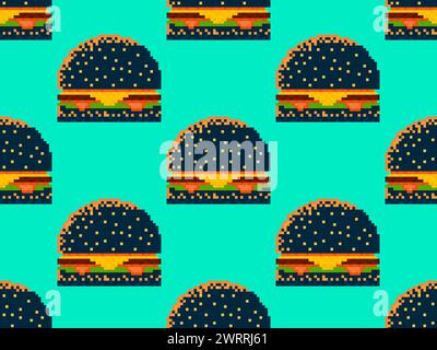Pixel black burger seamless pattern. 8-bit cheeseburger with two patties and cheese. Cheeseburger with two cutlets, cheese and sauces in pixel art sty Stock Vector