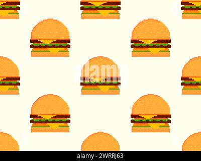 Pixel burger seamless pattern. 8-bit cheeseburger with two patties and cheese. Cheeseburger with two cutlets, cheese and sauces in pixel art style. De Stock Vector