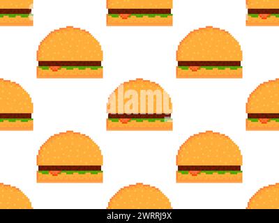 Seamless pattern with hamburgers in pixel art style. Pixel burger with cutlet and sauces, 8 bit fast food hamburger, bun with sesame seeds. Design for Stock Vector